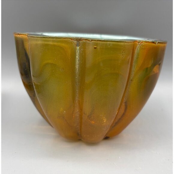 Vtg Vitrocolor Recycled  Glass Candle Holder Scalloped Multicolor Swirl - Picture 3 of 7